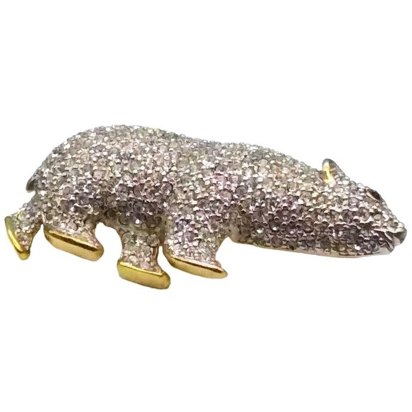 Gorgeous Pave Crystal and Gold Tone Polar Bear Brooch Pendant - Picture 2 of 4
